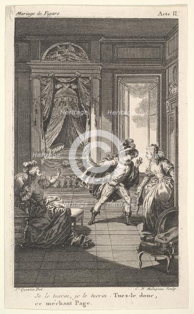 A man leans toward a woman standing in a doorway at right, at left a seated woman rais..., ca. 1784. Creator: Claude Nicolas Malapeau.