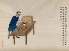 A man making waterpipes: working at a table with a small furnace and various tools, 1890. Creator: Pei Qun Zhou