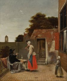A Man Smoking and a Woman Drinking in a Courtyard. Creator: Pieter de Hooch