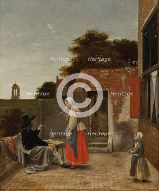 A Man Smoking and a Woman Drinking in a Courtyard. Creator: Pieter de Hooch.