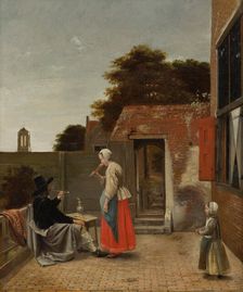 A Man Smoking and a Woman Drinking in a Courtyard. Creator: Pieter de Hooch