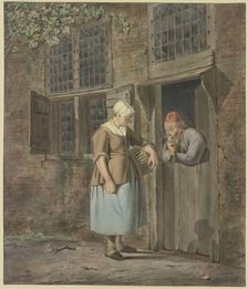 A man smoking at a front door speaks with a woman carrying a basket. Creator: Johannes Christiaan Janson