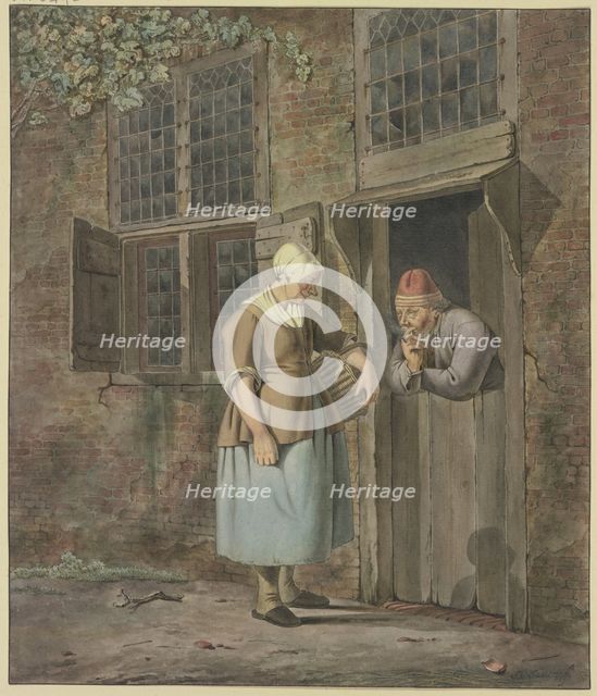 A man smoking at a front door speaks with a woman carrying a basket. Creator: Johannes Christiaan Janson.