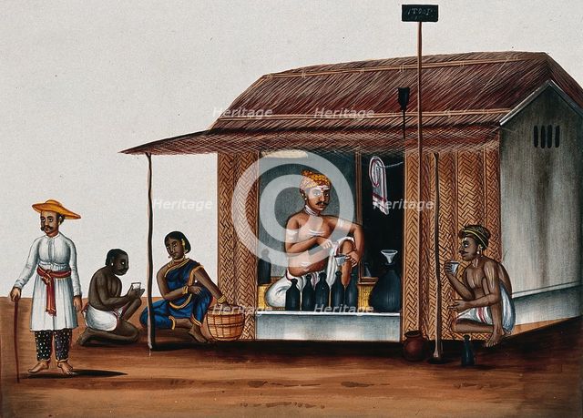 A man seated in a arrack shop pours a drink, (between 1800 and 1899?). Creator: Unknown.