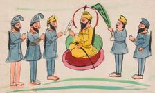 A man seated with Sikh worshippers. Creator: Unknown