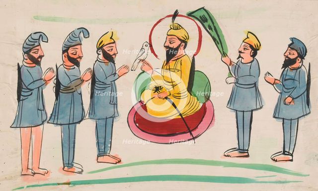 A man seated with Sikh worshippers. Creator: Unknown.