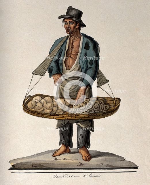 A man selling bread from a large basket hanging from his shoulders, 1800-1899. Creator: Unknown.