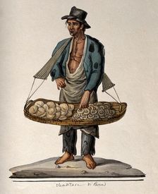 A man selling bread from a large basket hanging from his shoulders, 1800-1899. Creator: Unknown