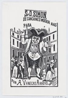 A man shrugging his shoulders towering over buildings and people..., ca. 1880-1910. Creator: José Guadalupe Posada