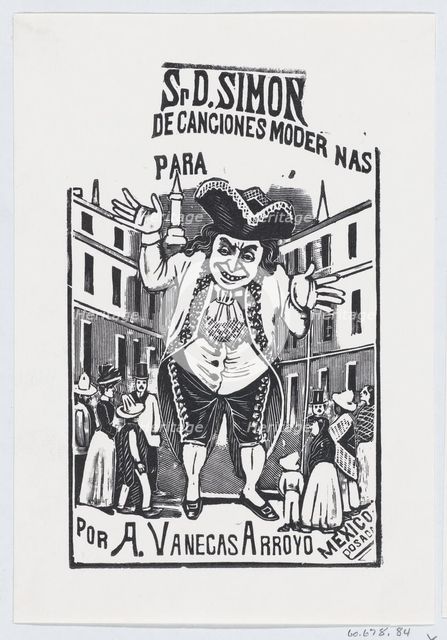 A man shrugging his shoulders towering over buildings and people..., ca. 1880-1910. Creator: José Guadalupe Posada.