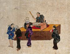 A man sits at a table on a platform reciting from a book, while three..., (between 1800 and 1899?). Creator: Unknown