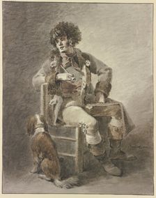 A man sits on a chair with a pipe in his hand, a dog beside him. Creator: Abraham Teerlink