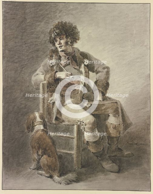 A man sits on a chair with a pipe in his hand, a dog beside him. Creator: Abraham Teerlink.