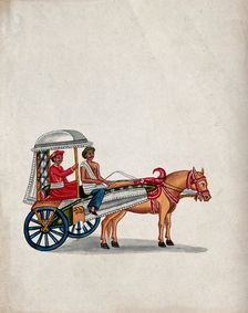 A man sitting in a small carriage pulled by a horse, (between 1800 and 1899?). Creator: Unknown