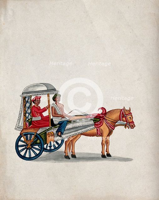 A man sitting in a small carriage pulled by a horse, (between 1800 and 1899?). Creator: Unknown.