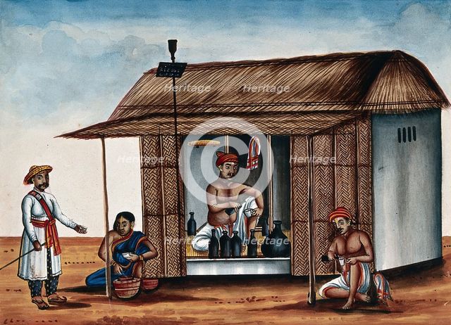 A man sitting in an arrack shop, a guard buying a drink from a woman..., (between 1800 and 1899?). Creator: Unknown.