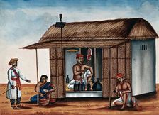 A man sitting in an arrack shop, a guard buying a drink from a woman..., (between 1800 and 1899?). Creator: Unknown