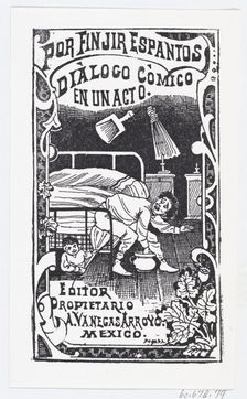 A man sitting on a bed being poked with a broom by someone under the bed, illustr..., ca. 1880-1910. Creator: José Guadalupe Posada