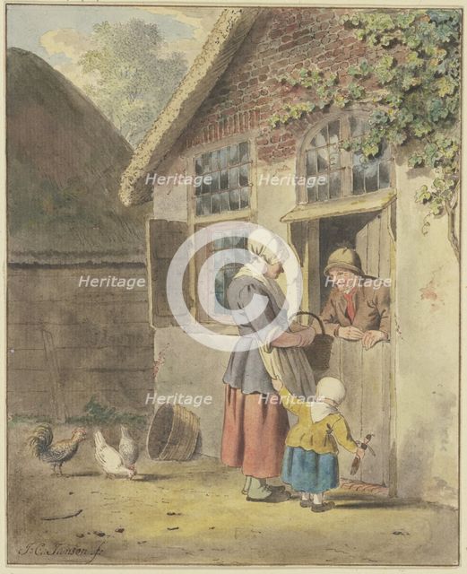 A man speaks at a front door with a woman who is being held by the apron by a child. Creator: Johannes Christiaan Janson.
