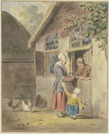 A man speaks at a front door with a woman who is being held by the apron by a child. Creator: Johannes Christiaan Janson