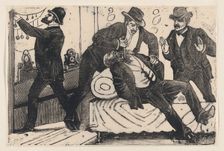 A man stabbing another man in the chest while his associates loot a store, from a..., ca. 1890-1891. Creator: José Guadalupe Posada