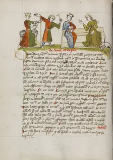 A Man Standing before a Crowned Woman Enthroned and Two Women..., third quarter of 15th century. Creator: Unknown