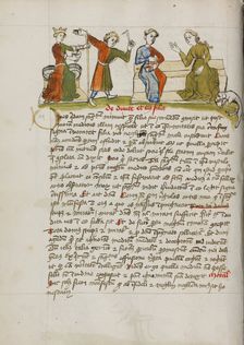 A Man Standing before a Crowned Woman Enthroned and Two Women..., third quarter of 15th century. Creator: Unknown