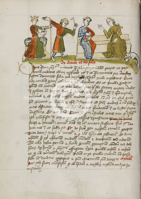 A Man Standing before a Crowned Woman Enthroned and Two Women..., third quarter of 15th century. Creator: Unknown.