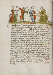 A Man Standing before a Crowned Woman Enthroned and Two Women..., third quarter of 15th century. Creator: Unknown