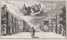 A man stands at center, flanked by rows of buildings; above Jupiter atop an eagle and Juno..., 1668. Creator: Mathäus Küsel