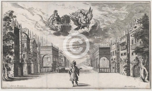 A man stands at center, flanked by rows of buildings; above Jupiter atop an eagle and Juno..., 1668. Creator: Mathäus Küsel.