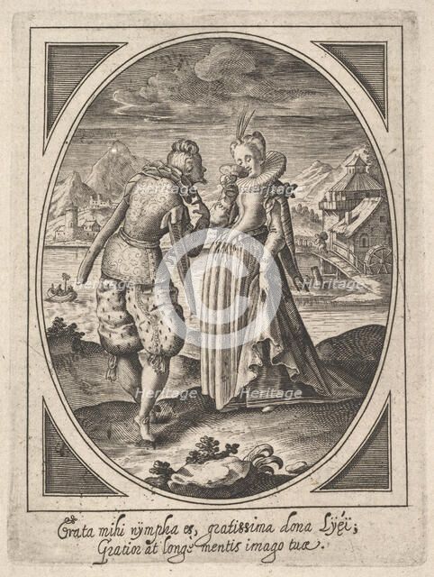 A man steps toward a woman who holds a goblet to her mouth, a watermill and mount..., ca. 1585-1621. Creator: Heinrich Ulrich.