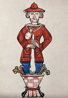 A man pounding a mixture with a pestle and mortar - an emblem from a drug jar. Creator: Unknown