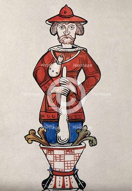 A man pounding a mixture with a pestle and mortar - an emblem from a drug jar. Creator: Unknown.