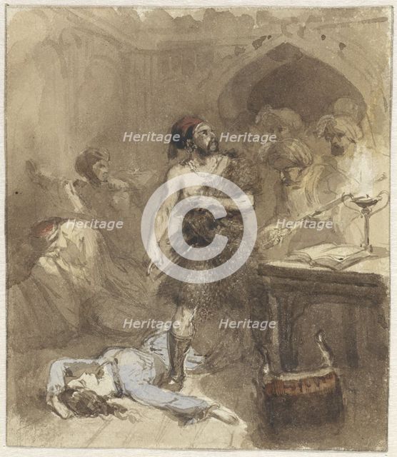 A man pointing to a woman lying on the floor, 1824-1888.  Creator: Charles Rochussen.