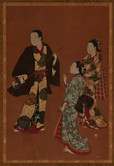 A man, possibly an actor, and two girls, Edo period, 18th century. Creator: Kawamata Tsuneyuki