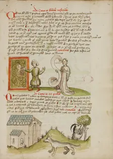 A Man Painting a Picture of his Wife: A Wolf before a House with..., third quarter of 15th century. Creator: Unknown