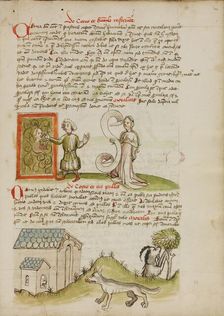 A Man Painting a Picture of his Wife: A Wolf before a House with..., third quarter of 15th century. Creator: Unknown