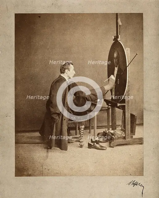 A man painting an oval portrait using his feet, c1870. Creator: Joseph Dupont.