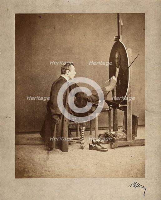 A man painting an oval portrait using his feet, c1870. Creator: Joseph Dupont.