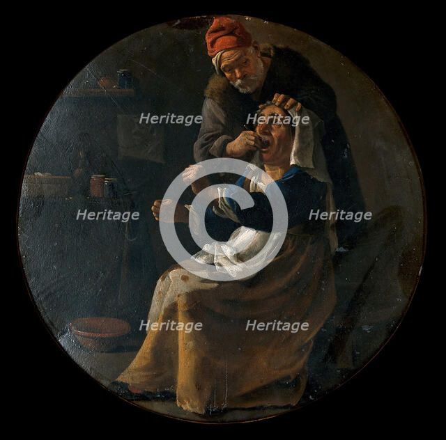 A man performing a painful operation on a woman's tooth. Creator: Pieter van Laer.