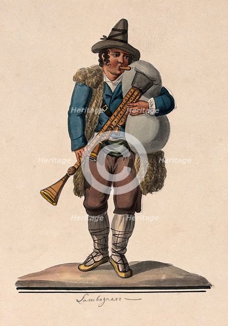 A man playing the bagpipes. Creator: Unknown.