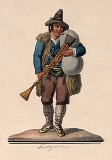 A man playing the bagpipes. Creator: Unknown