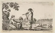 A man playing the violin in center, turned towards the left in profile, a seated woman to ..., 1649. Creator: Stefano della Bella