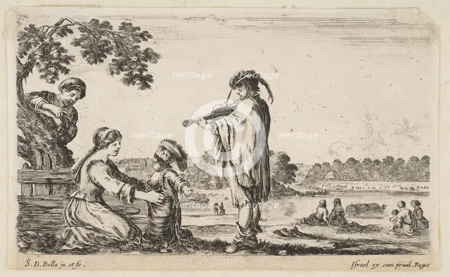 A man playing the violin in center, turned towards the left in profile, a seated woman to ..., 1649. Creator: Stefano della Bella.