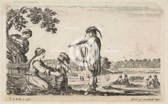 A man playing the violin in center, turned towards the left in profile, a seated woman to ..., 1649. Creator: Stefano della Bella.