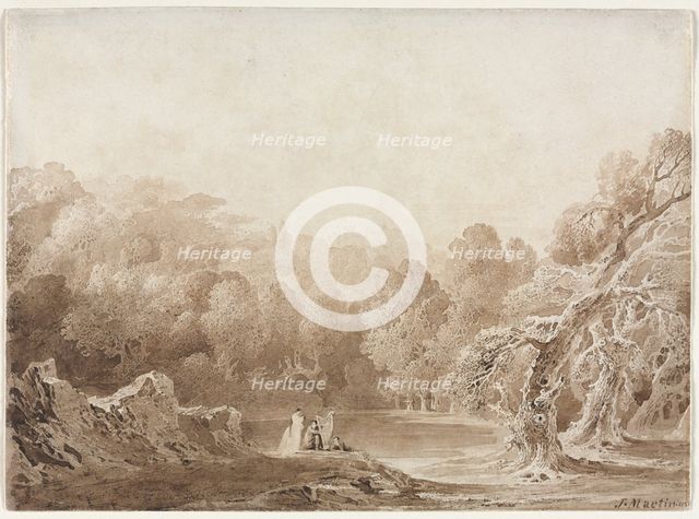 A Man Playing a Harp with other Figures beside a Lake, 1820. Creator: John Martin (British, 1789-1854).