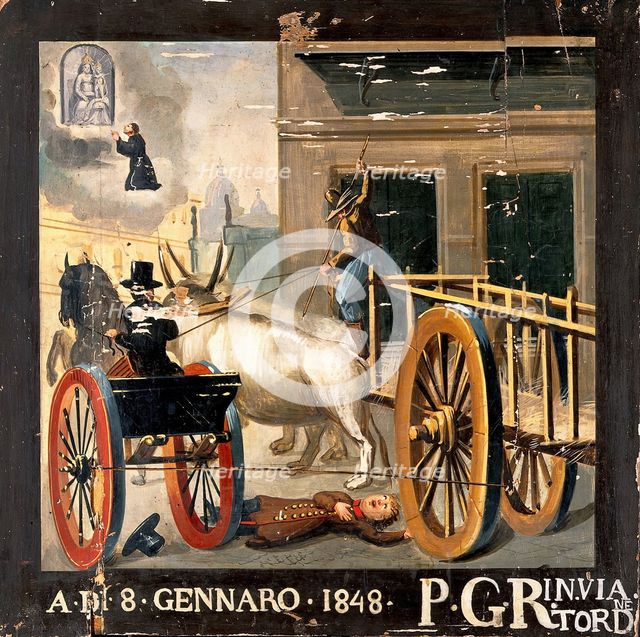 A man praying to the Madonna del Parto for a child run over by an ox-cart, 1848, 1848. Creator: Unknown.