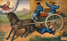 A man praying to the Virgin as he is run over by a horse-drawn cart carrying textiles. Creator: Unknown