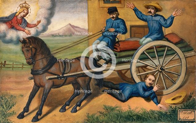 A man praying to the Virgin as he is run over by a horse-drawn cart carrying textiles. Creator: Unknown.